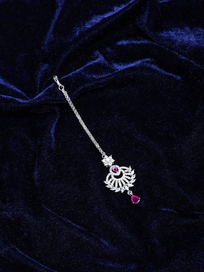 American Diamond Pink Stone Rhodium Plated Maang Tikka - Opal Touch