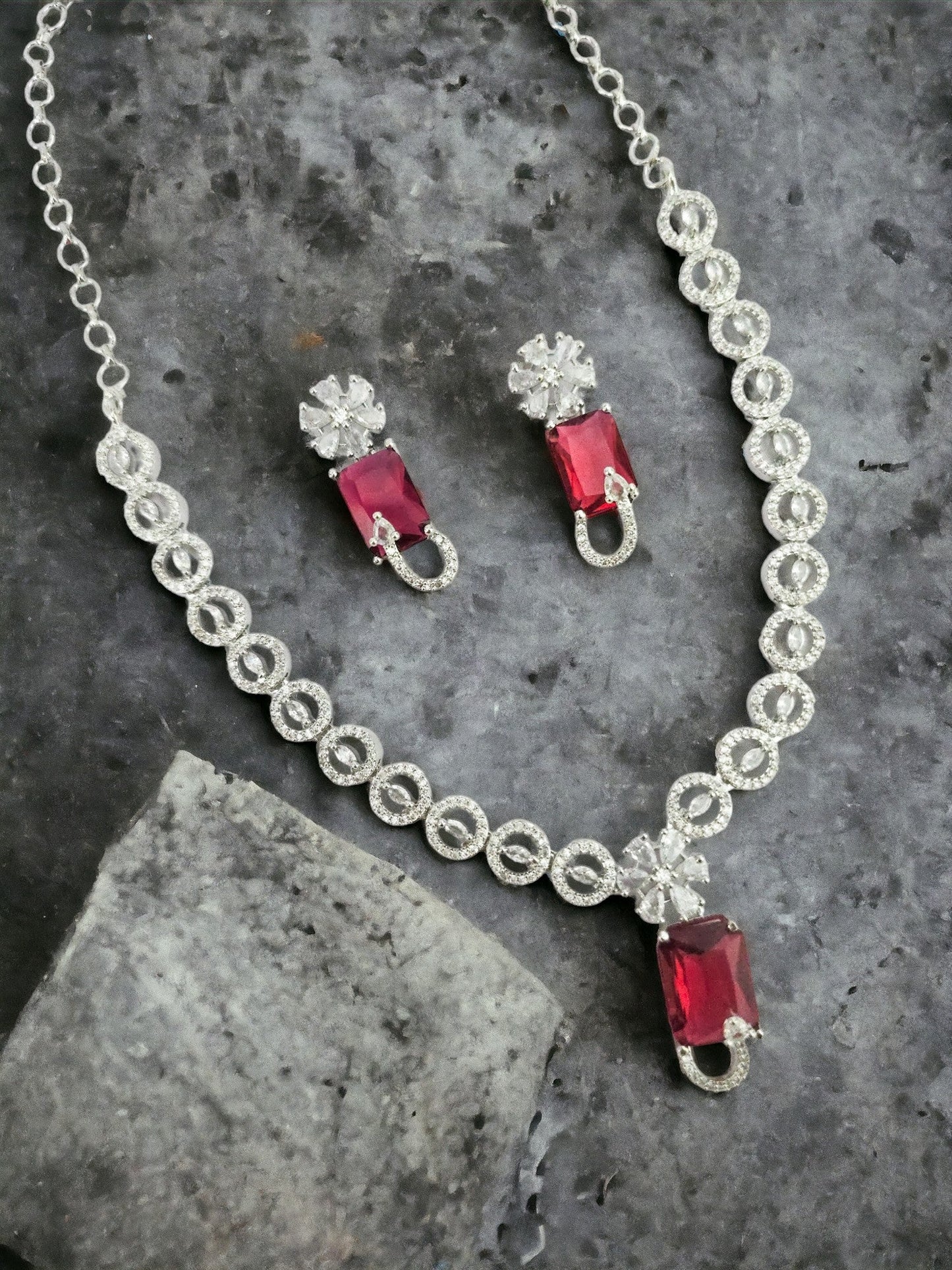 Necklace - American Diamond Stylish Necklace Set - Opal Touch