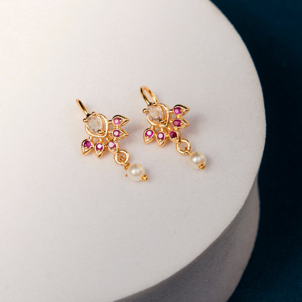 Antique Style Leaf Bugadi Earrings with Pearl Drop - Opal Touch