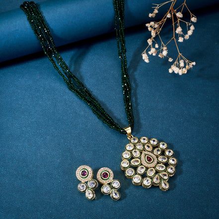 Necklace - Beaded Kundan Pendant Set with Matching Earrings - Opal Touch
