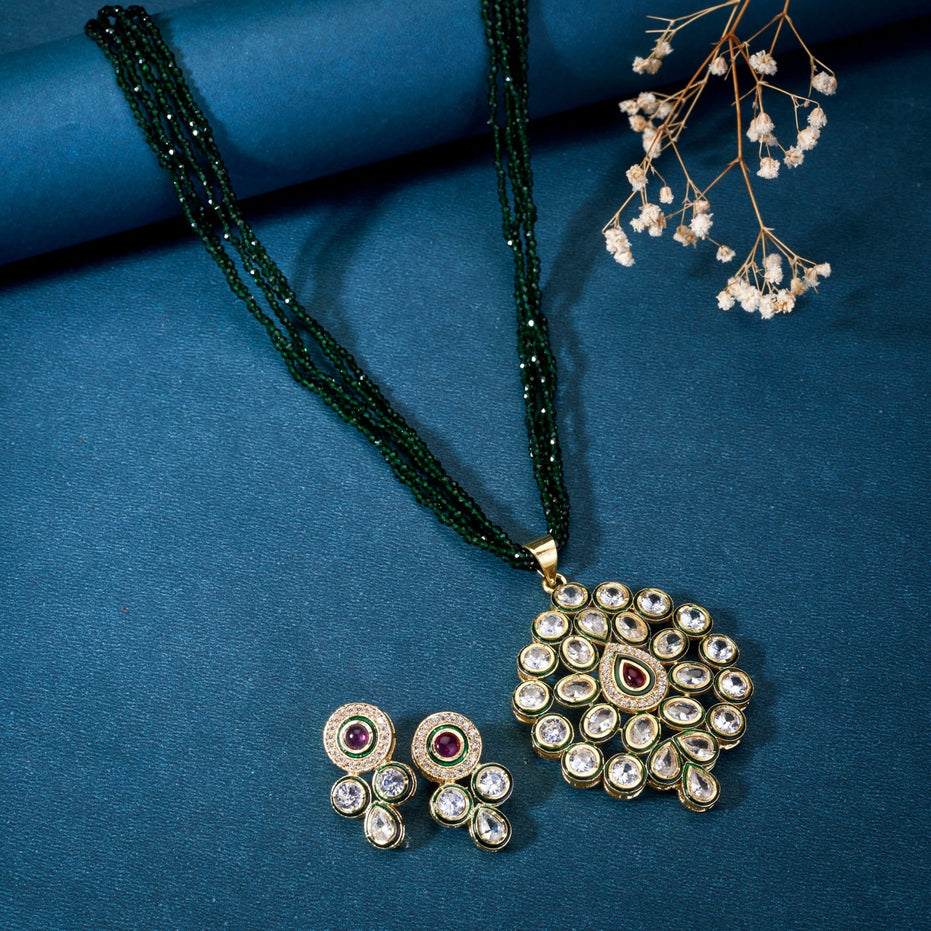 Necklace - Beaded Kundan Pendant Set with Matching Earrings - Opal Touch