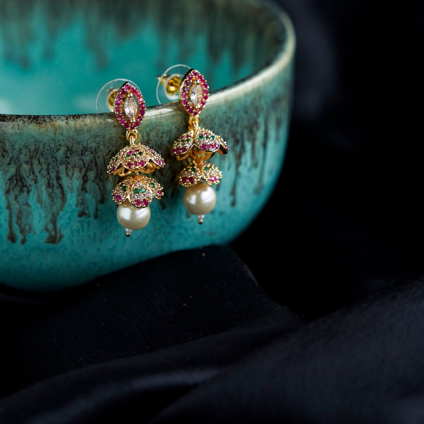 Jhumka - Beautiful 2 Layered Red Gold Plated Jhumka - Opal Touch