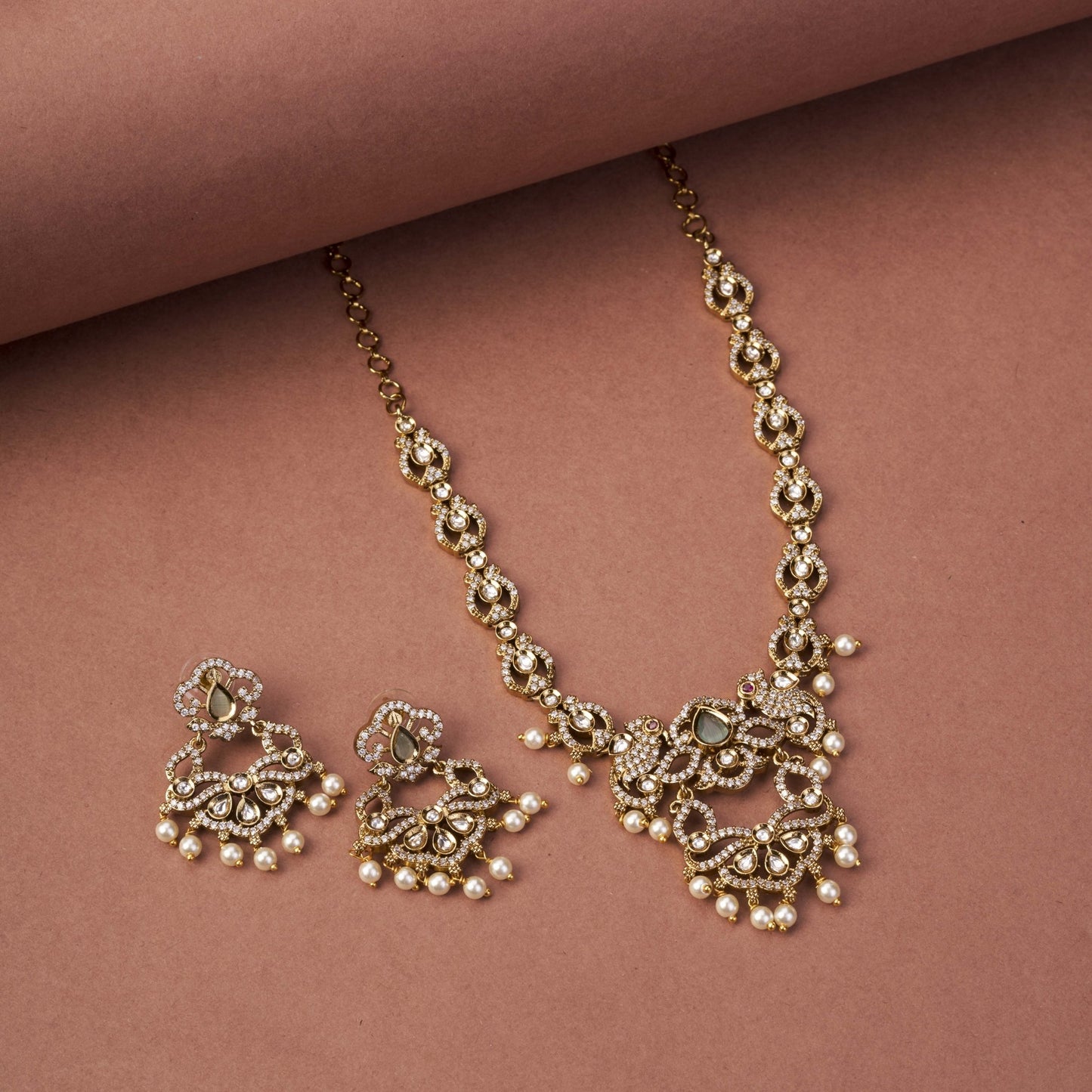 Necklace - Bird Enchanted Mehendi Plated Necklace Set - Opal Touch