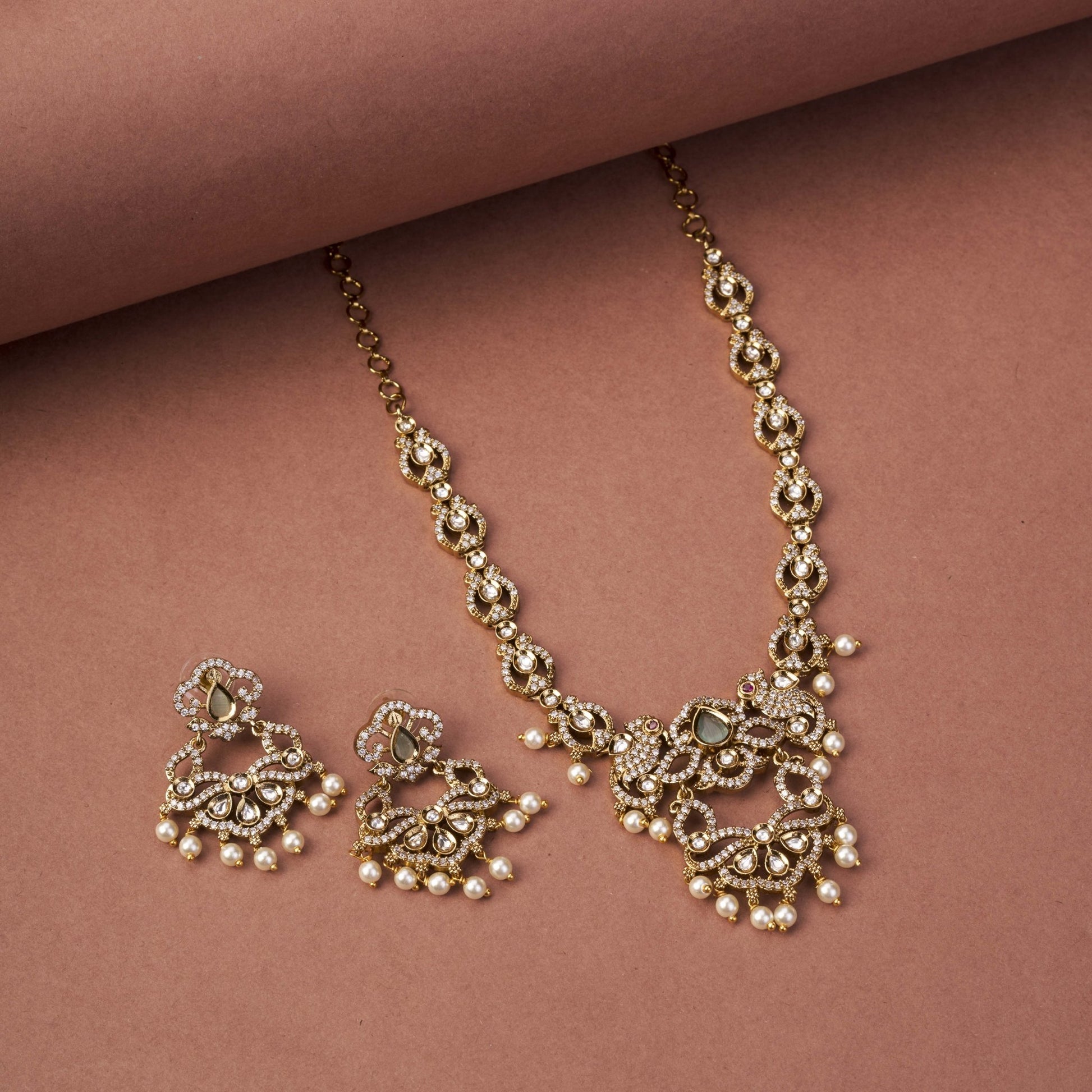 Necklace - Bird Enchanted Mehendi Plated Necklace Set - Opal Touch