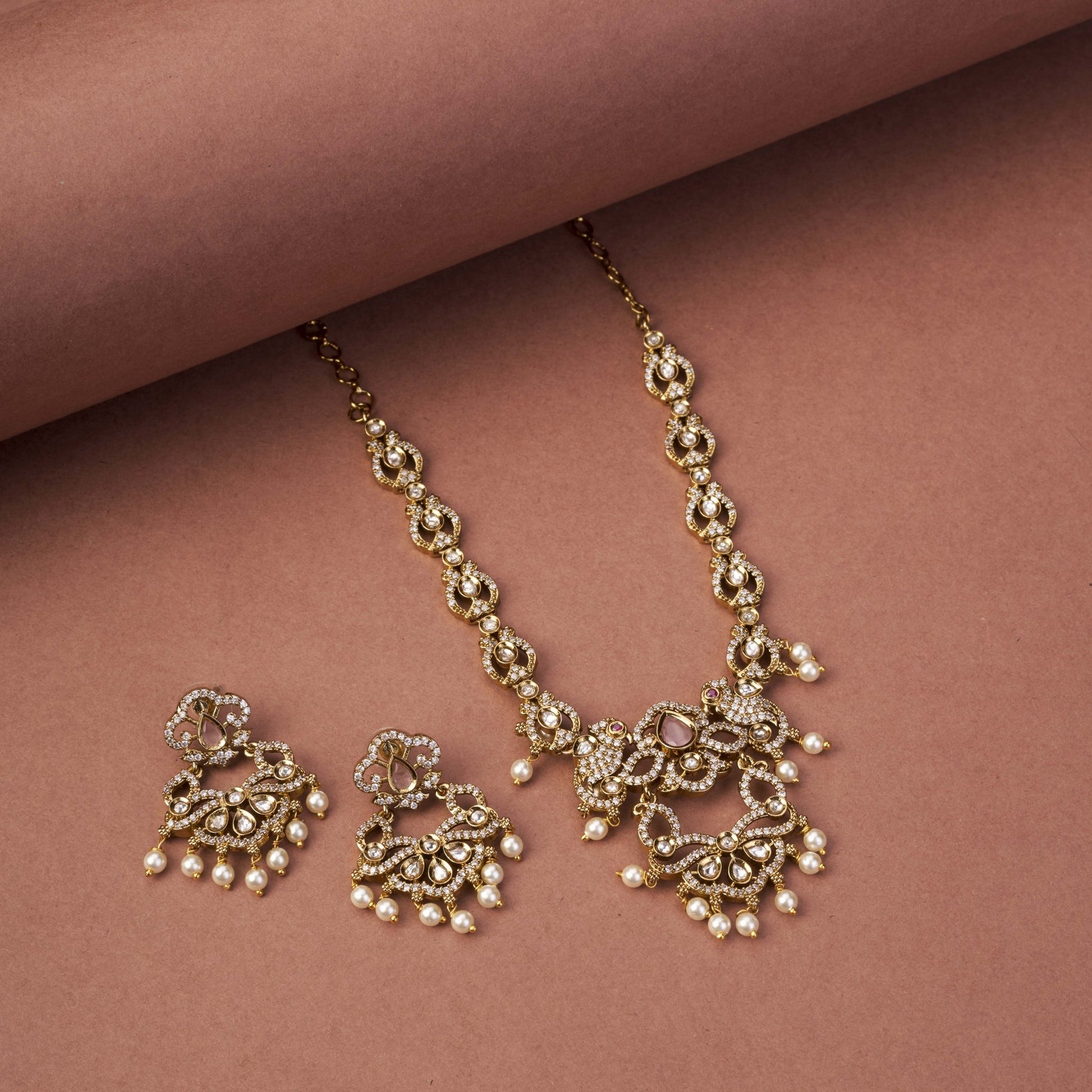 Necklace - Bird Enchanted Mehendi Plated Necklace Set - Opal Touch