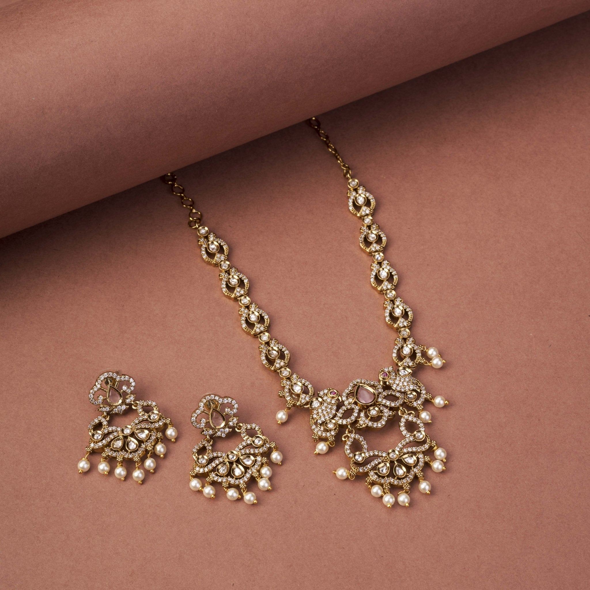 Necklace - Bird Enchanted Mehendi Plated Necklace Set - Opal Touch