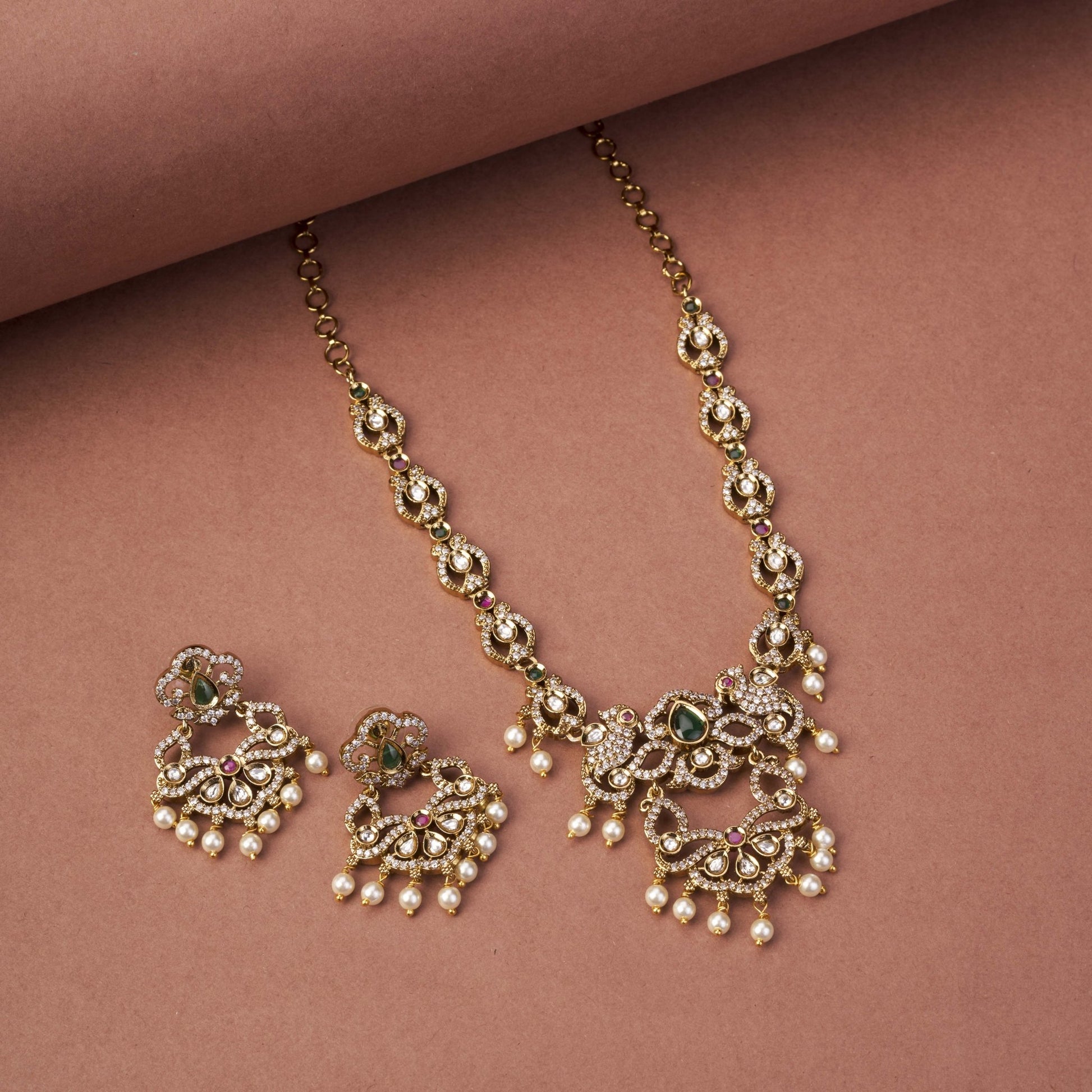 Necklace - Bird Enchanted Mehendi Plated Necklace Set - Opal Touch