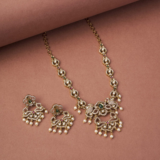 Necklace - Bird Enchanted Mehendi Plated Necklace Set - Opal Touch