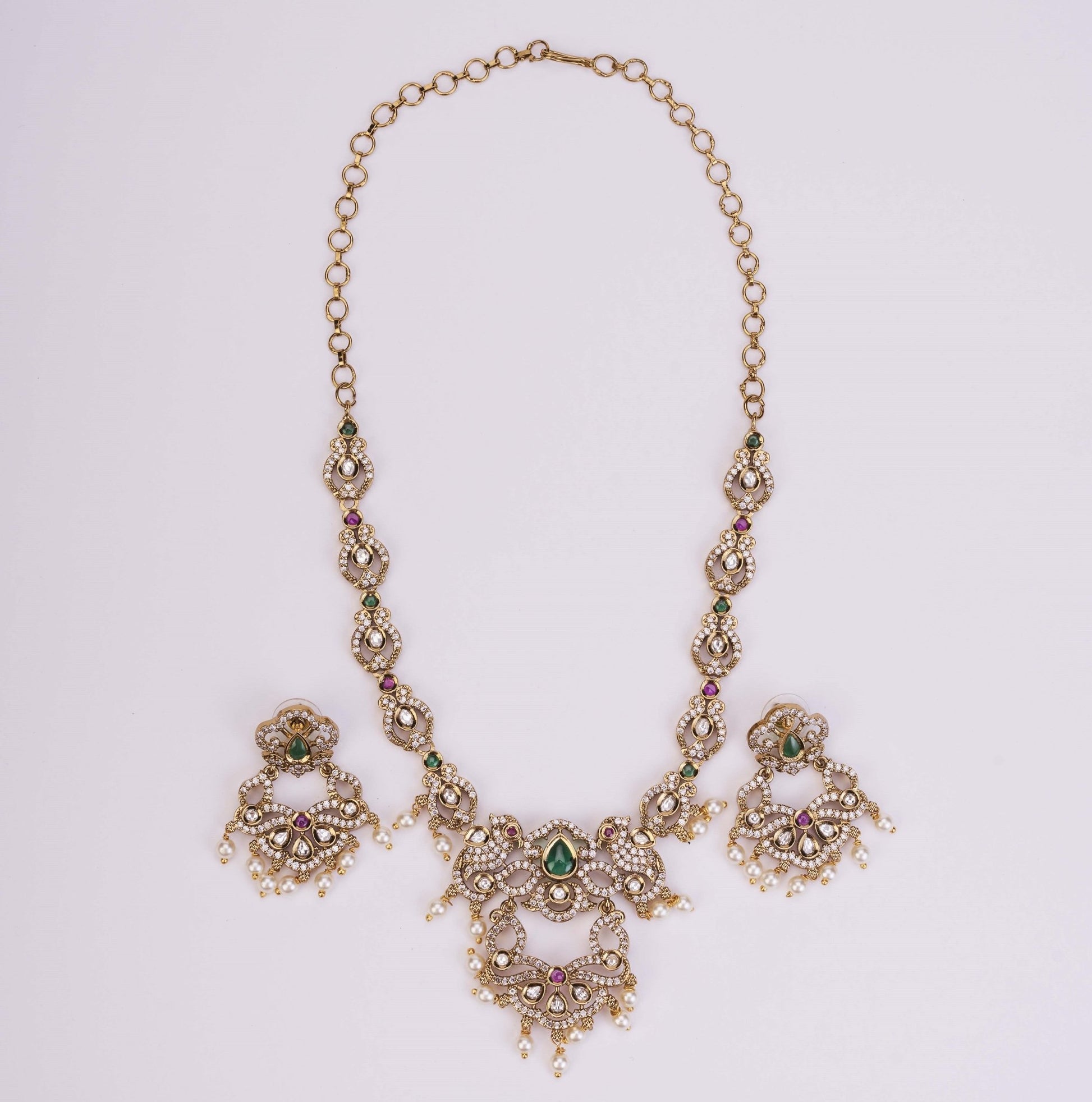 Necklace - Bird Enchanted Mehendi Plated Necklace Set - Opal Touch