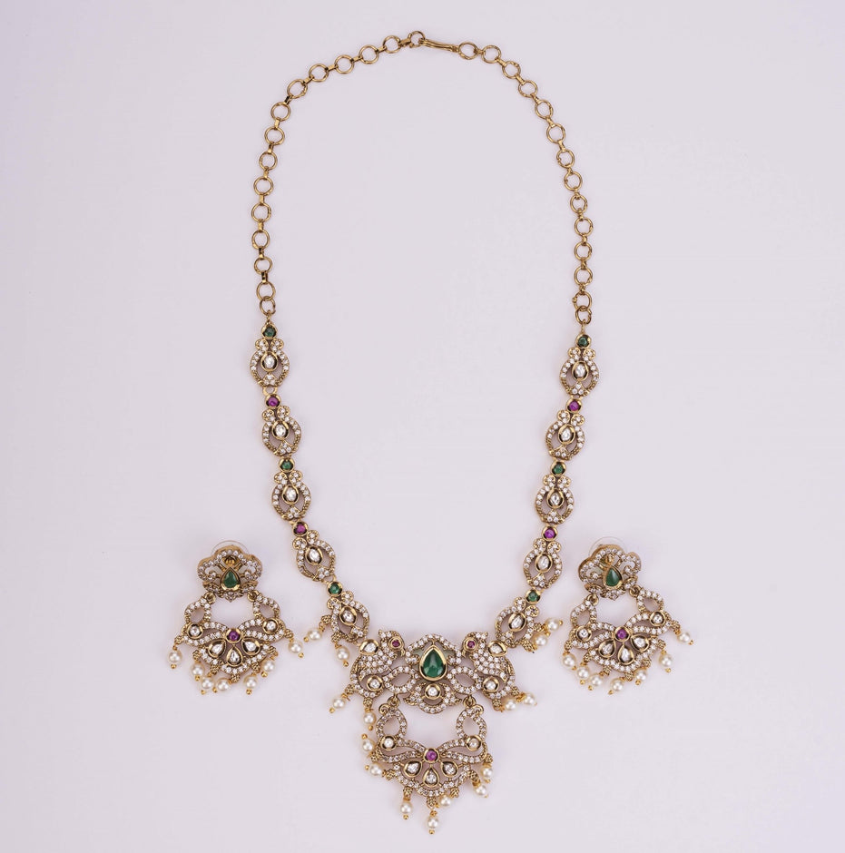 Necklace - Bird Enchanted Mehendi Plated Necklace Set - Opal Touch