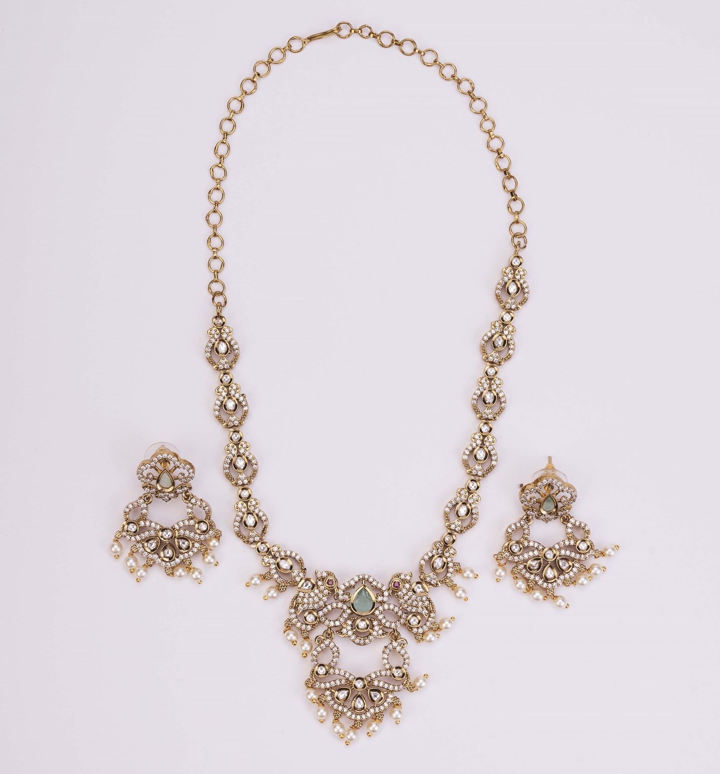 Necklace - Bird Enchanted Mehendi Plated Necklace Set - Opal Touch