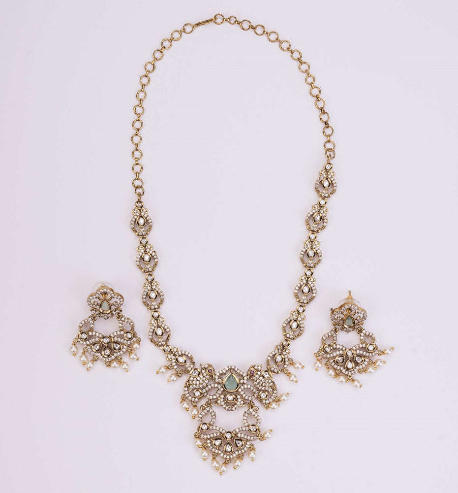 Necklace - Bird Enchanted Mehendi Plated Necklace Set - Opal Touch