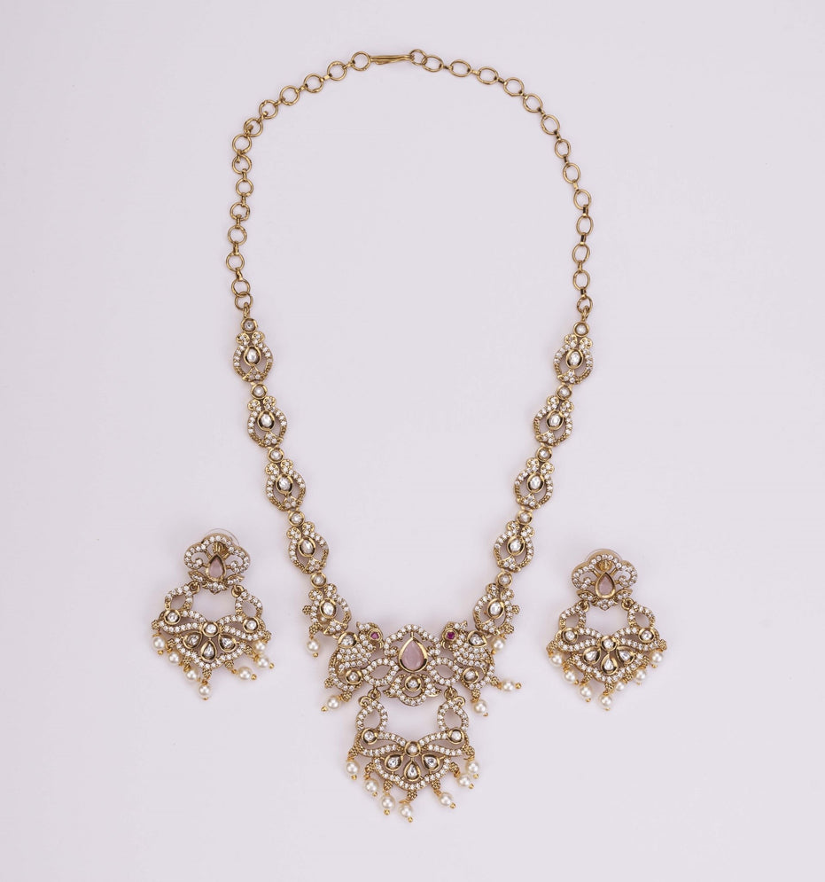 Necklace - Bird Enchanted Mehendi Plated Necklace Set - Opal Touch