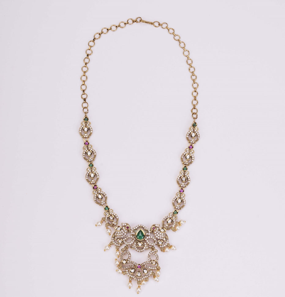 Necklace - Bird Enchanted Mehendi Plated Necklace Set - Opal Touch