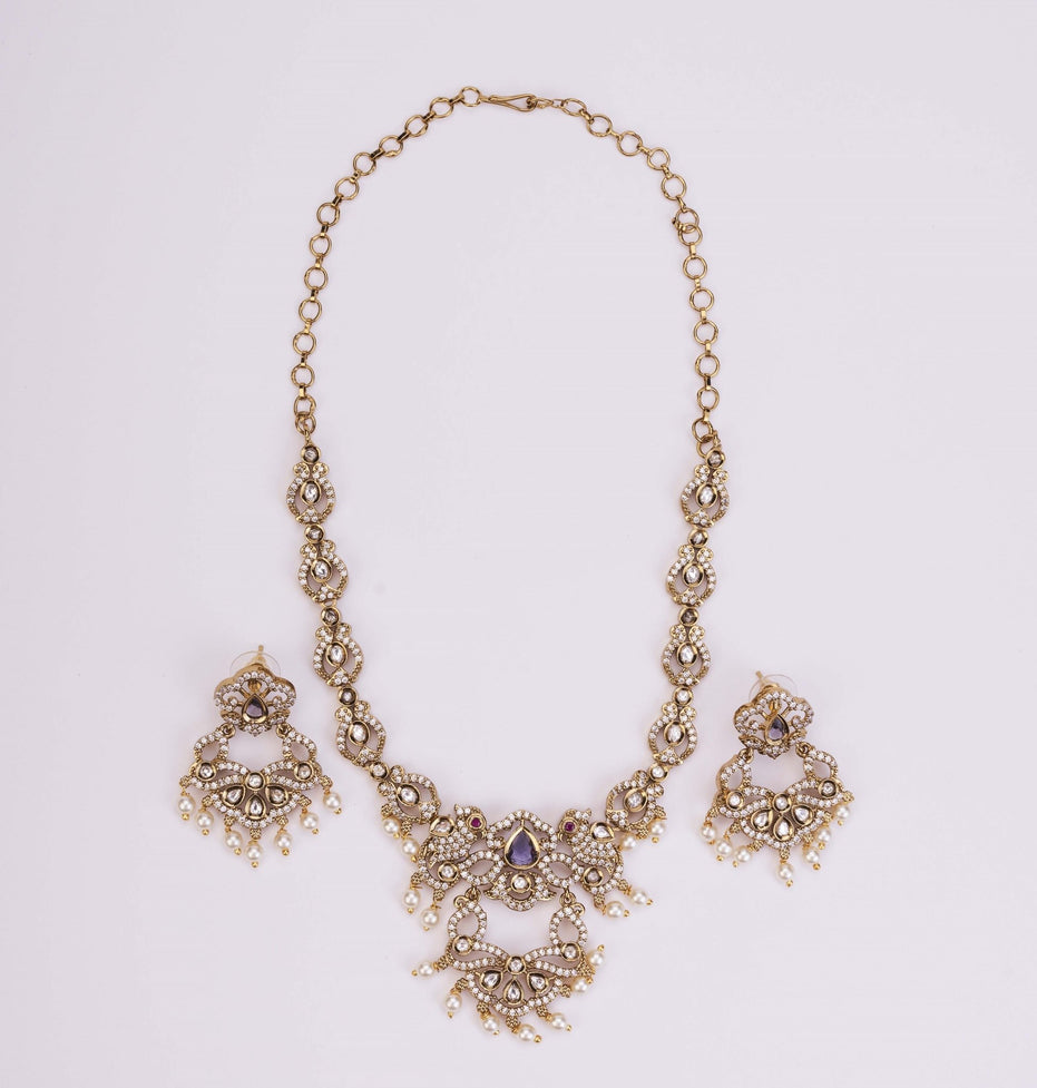 Necklace - Bird Enchanted Mehendi Plated Necklace Set - Opal Touch