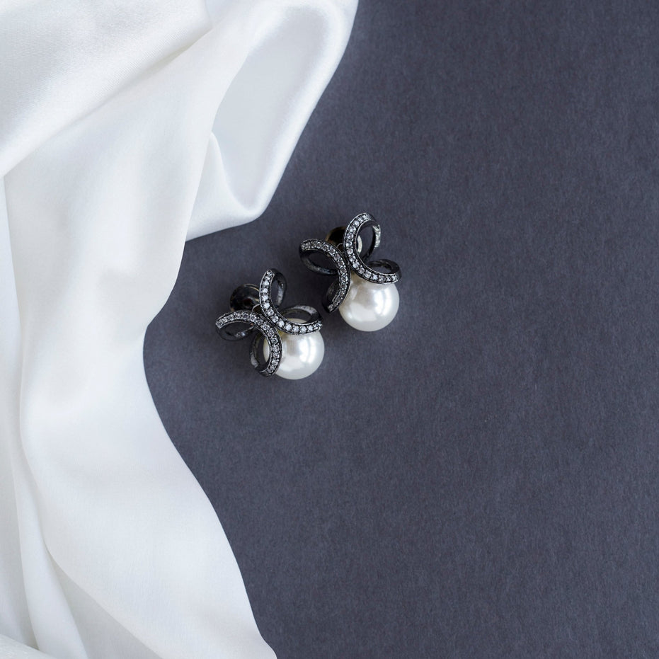 Studs - Black Plated Infinity Pearl Studs - Opal Touch