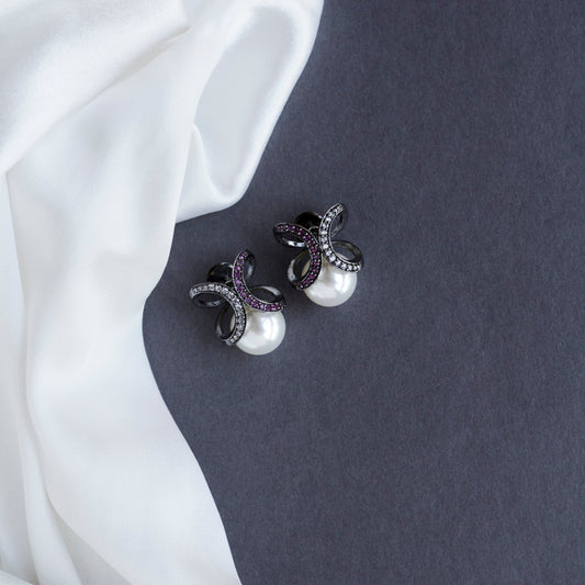 Studs - Black Plated Infinity Pearl Studs - Opal Touch
