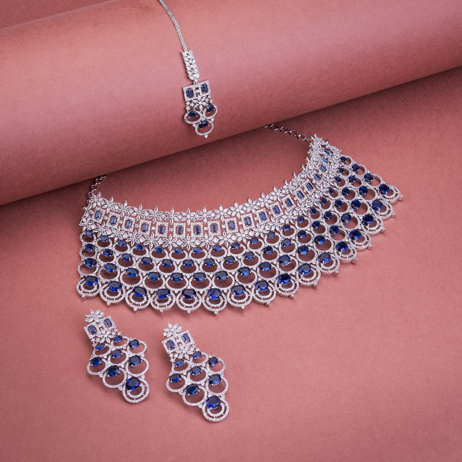 Opal Touch - Bridal Cubic Zirconia Chocker Necklace Set With Tika - Necklace