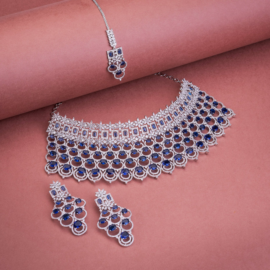 Opal Touch - Bridal Cubic Zirconia Chocker Necklace Set With Tika - Necklace