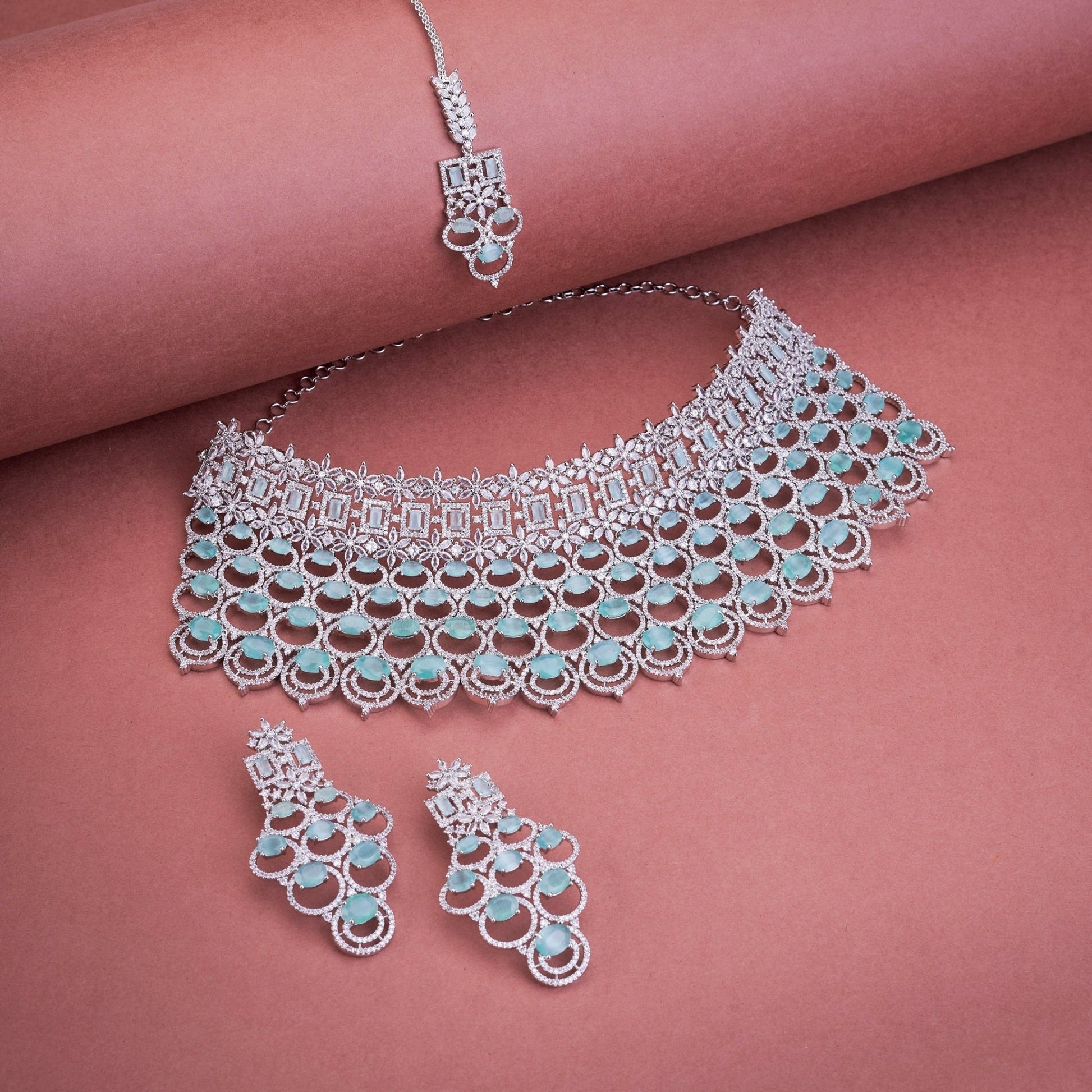 Opal Touch - Bridal Cubic Zirconia Chocker Necklace Set With Tika - Necklace