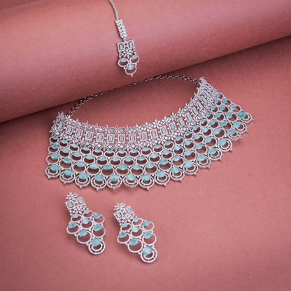 Opal Touch - Bridal Cubic Zirconia Chocker Necklace Set With Tika - Necklace