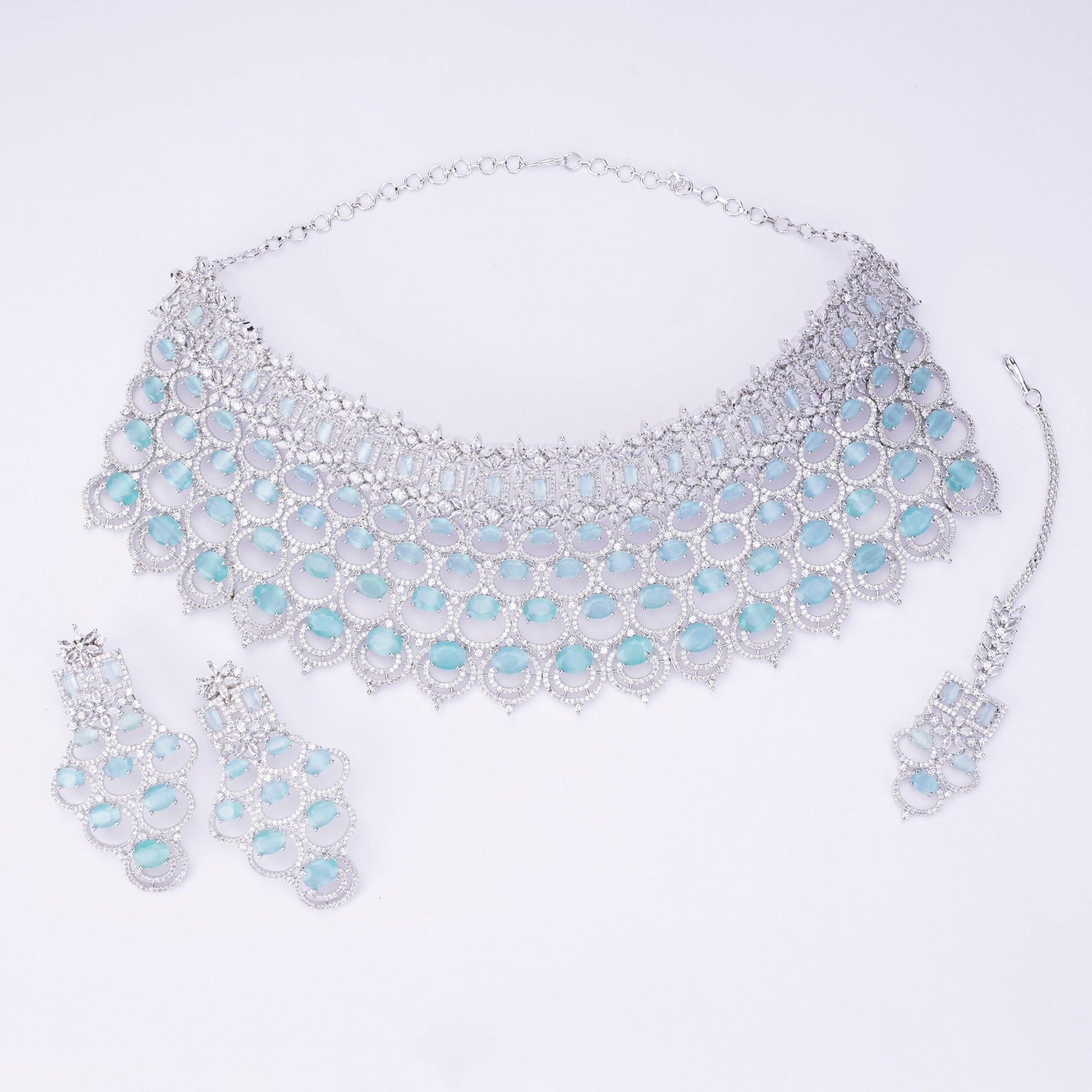 Opal Touch - Bridal Cubic Zirconia Chocker Necklace Set With Tika - Necklace
