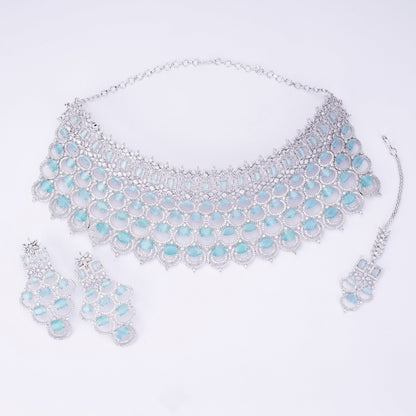 Opal Touch - Bridal Cubic Zirconia Chocker Necklace Set With Tika - Necklace