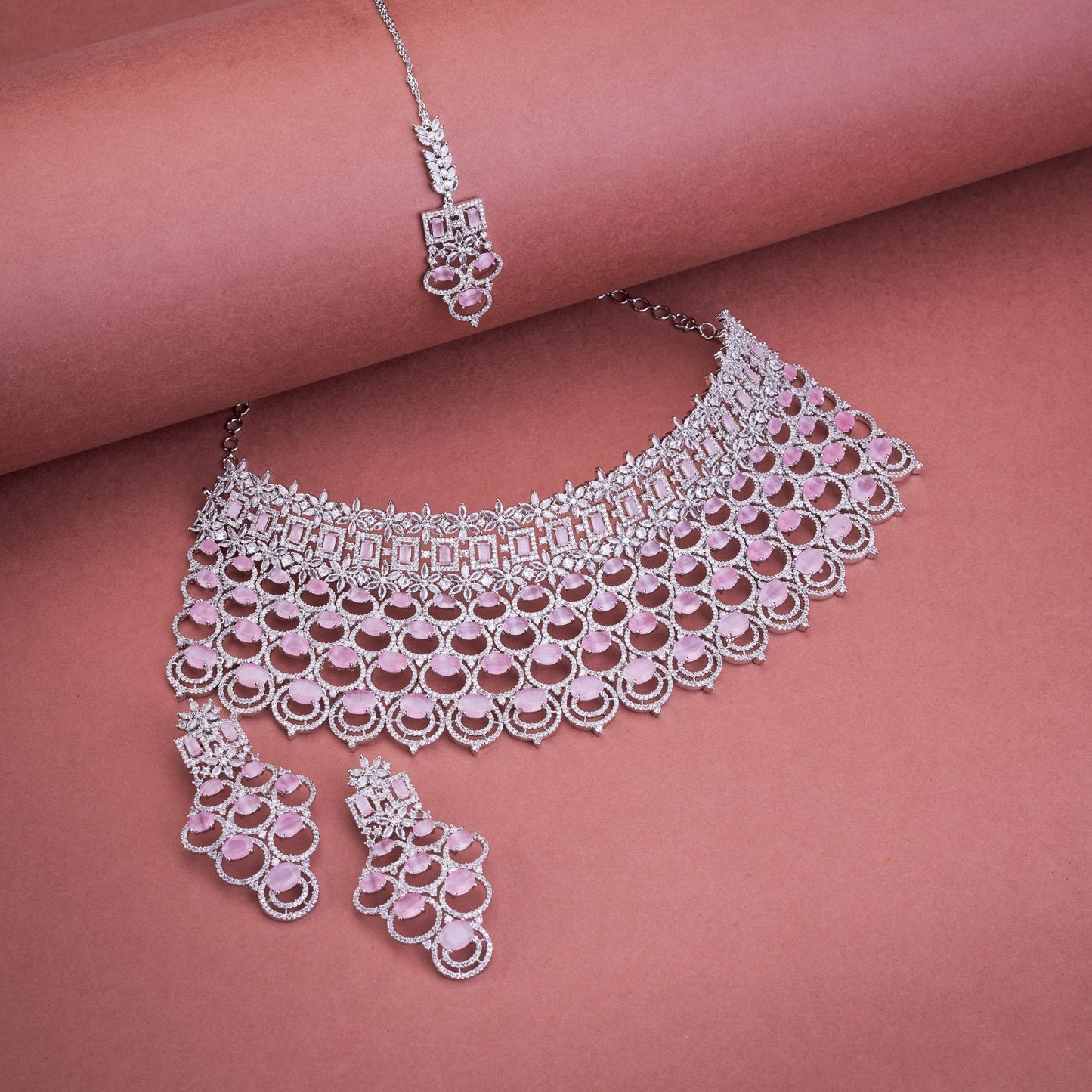 Opal Touch - Bridal Cubic Zirconia Chocker Necklace Set With Tika - Necklace