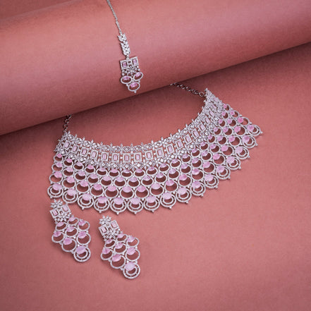 Opal Touch - Bridal Cubic Zirconia Chocker Necklace Set With Tika - Necklace