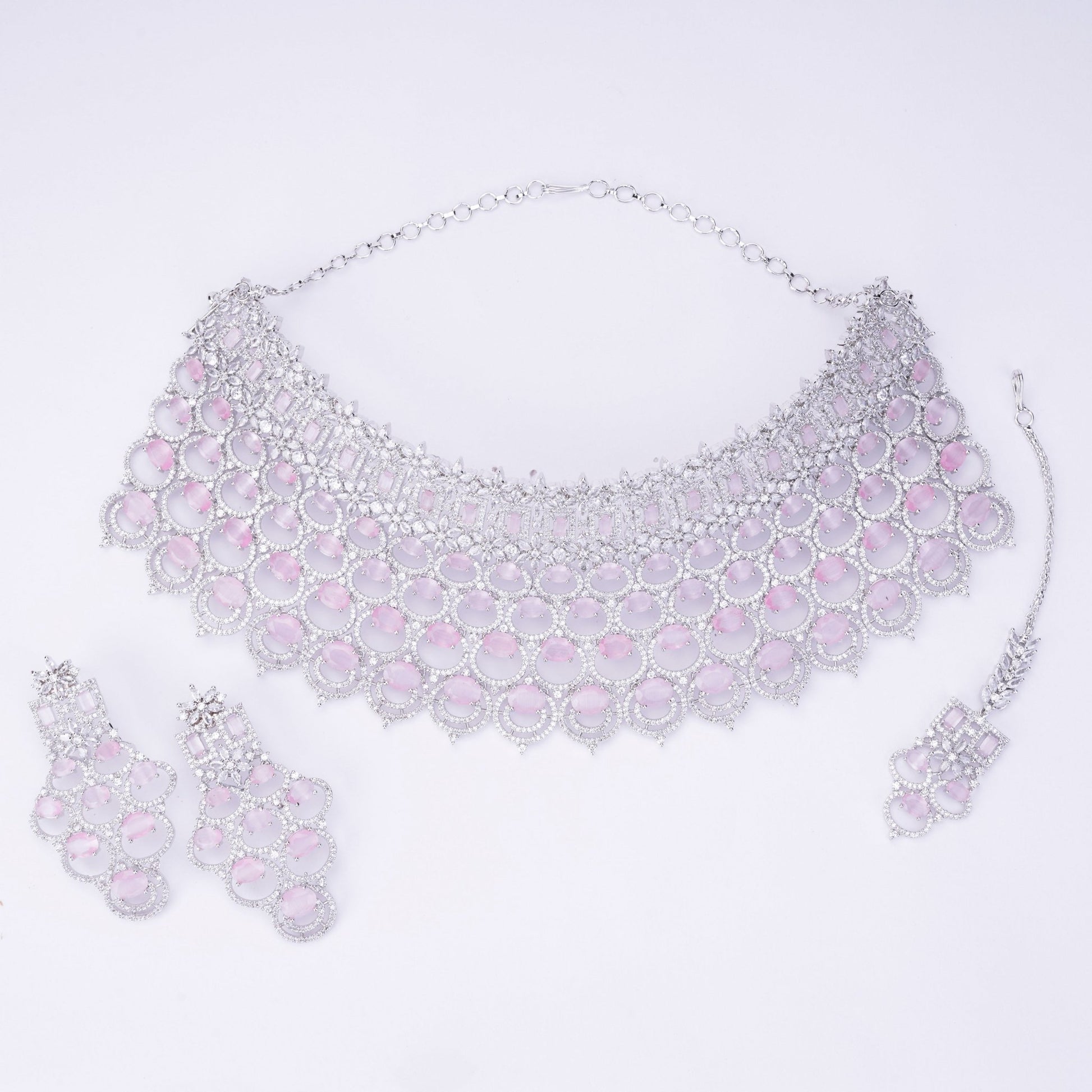 Opal Touch - Bridal Cubic Zirconia Chocker Necklace Set With Tika - Necklace