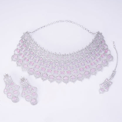 Opal Touch - Bridal Cubic Zirconia Chocker Necklace Set With Tika - Necklace