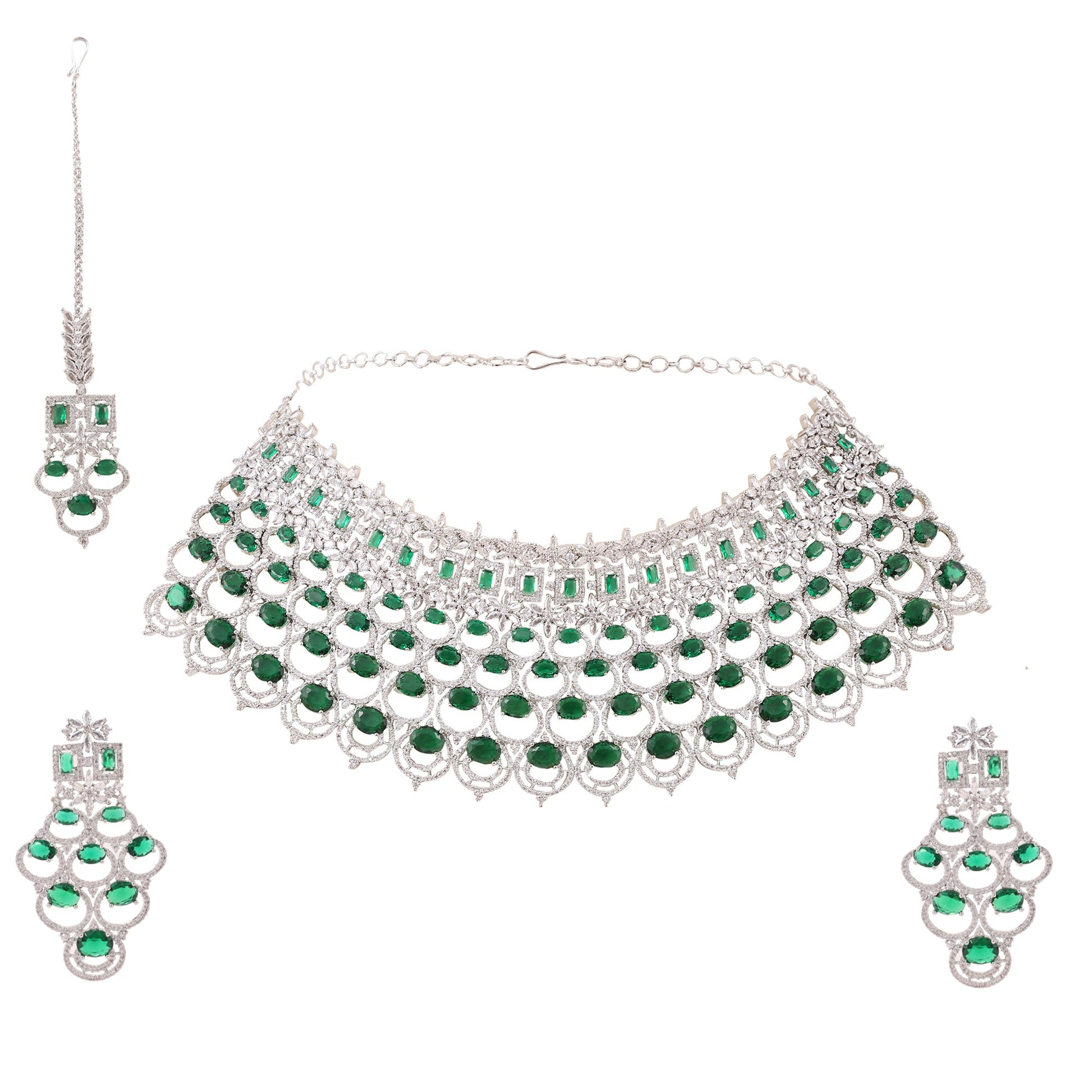 Opal Touch - Bridal Cubic Zirconia Chocker Necklace Set With Tika - Necklace