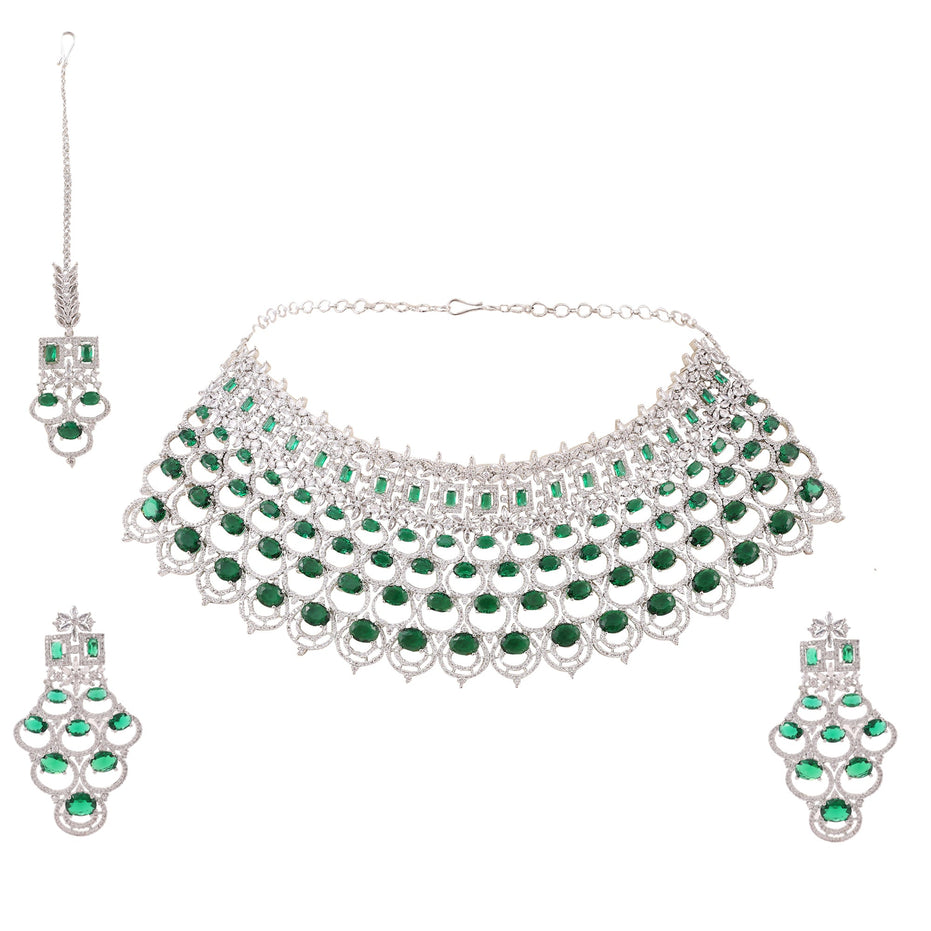 Opal Touch - Bridal Cubic Zirconia Chocker Necklace Set With Tika - Necklace