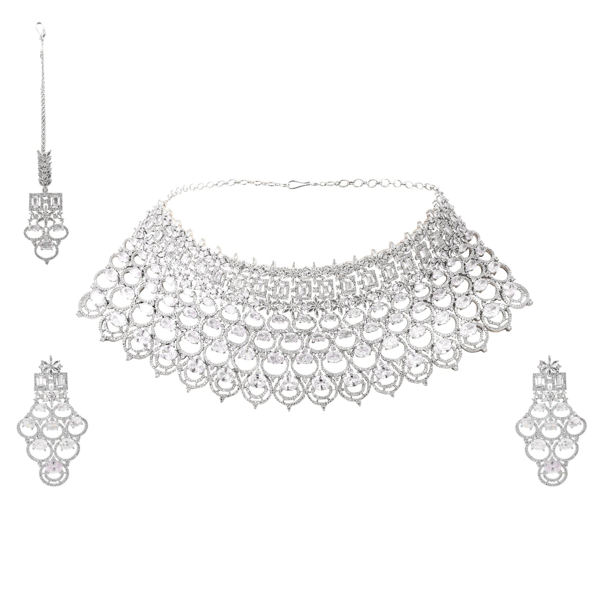 Opal Touch - Bridal Cubic Zirconia Chocker Necklace Set With Tika - Necklace