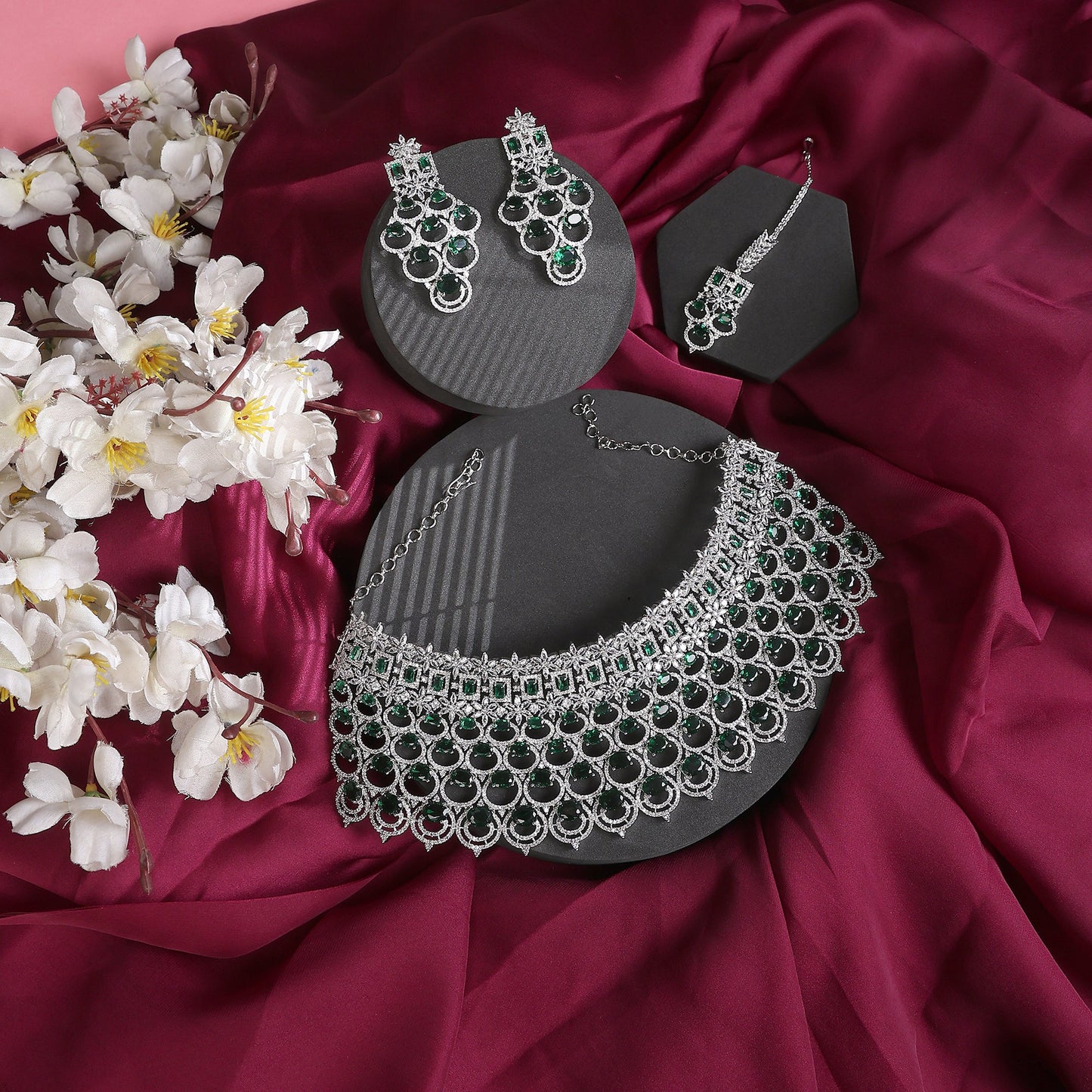 Opal Touch - Bridal Cubic Zirconia Chocker Necklace Set With Tika - Necklace