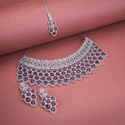 Opal Touch - Bridal Cubic Zirconia Chocker Necklace Set With Tika - Necklace