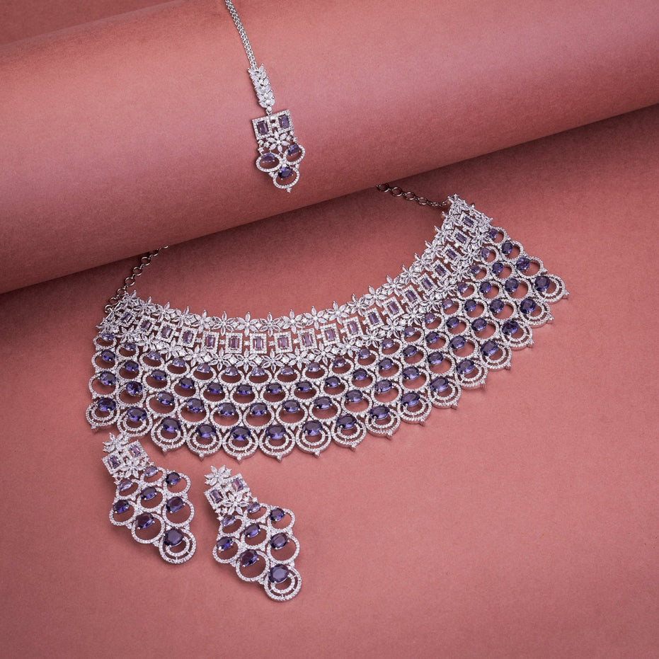 Opal Touch - Bridal Cubic Zirconia Chocker Necklace Set With Tika - Necklace