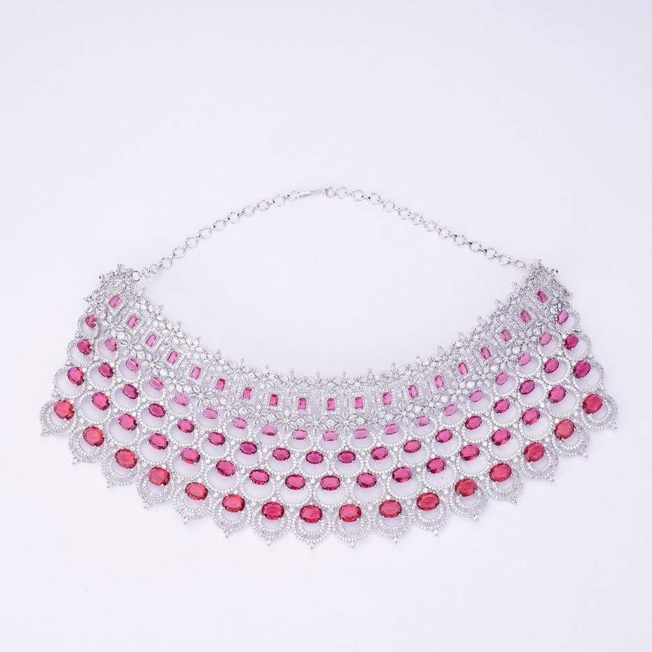 Opal Touch - Bridal Cubic Zirconia Chocker Necklace Set With Tika - Necklace
