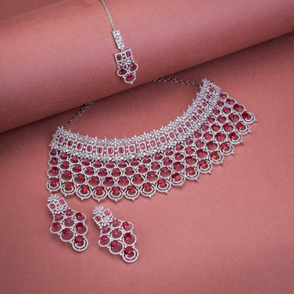 Opal Touch - Bridal Cubic Zirconia Chocker Necklace Set With Tika - Necklace