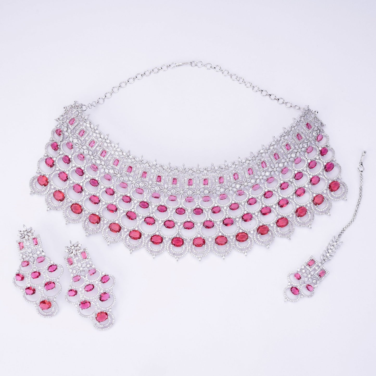 Opal Touch - Bridal Cubic Zirconia Chocker Necklace Set With Tika - Necklace