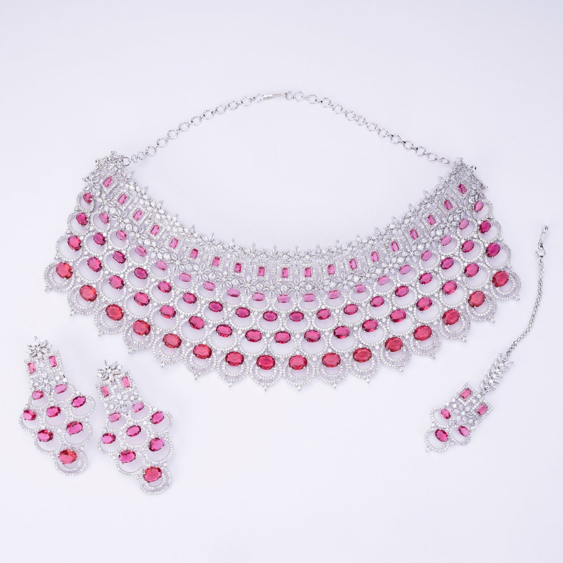 Opal Touch - Bridal Cubic Zirconia Chocker Necklace Set With Tika - Necklace