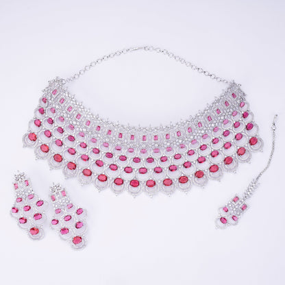 Opal Touch - Bridal Cubic Zirconia Chocker Necklace Set With Tika - Necklace