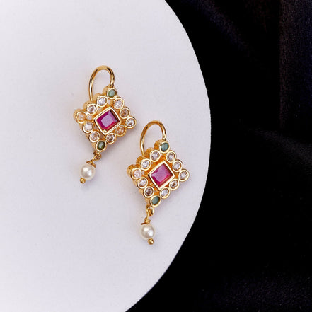 Earrings - Chandrika Square Gold Plated Earrings - Opal Touch