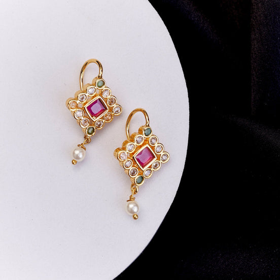 Earrings - Chandrika Square Gold Plated Earrings - Opal Touch