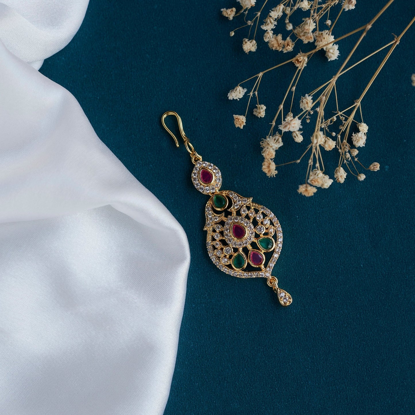 Tika - Classic Pearl and Ruby Maang Tika - Opal Touch