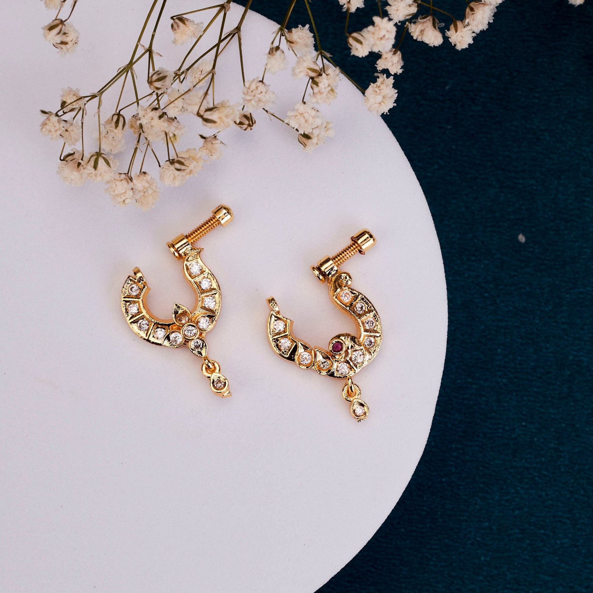 Nose Pin - Crescent Bird - Shaped Gold Plated Combo Nose Pin - Opal Touch