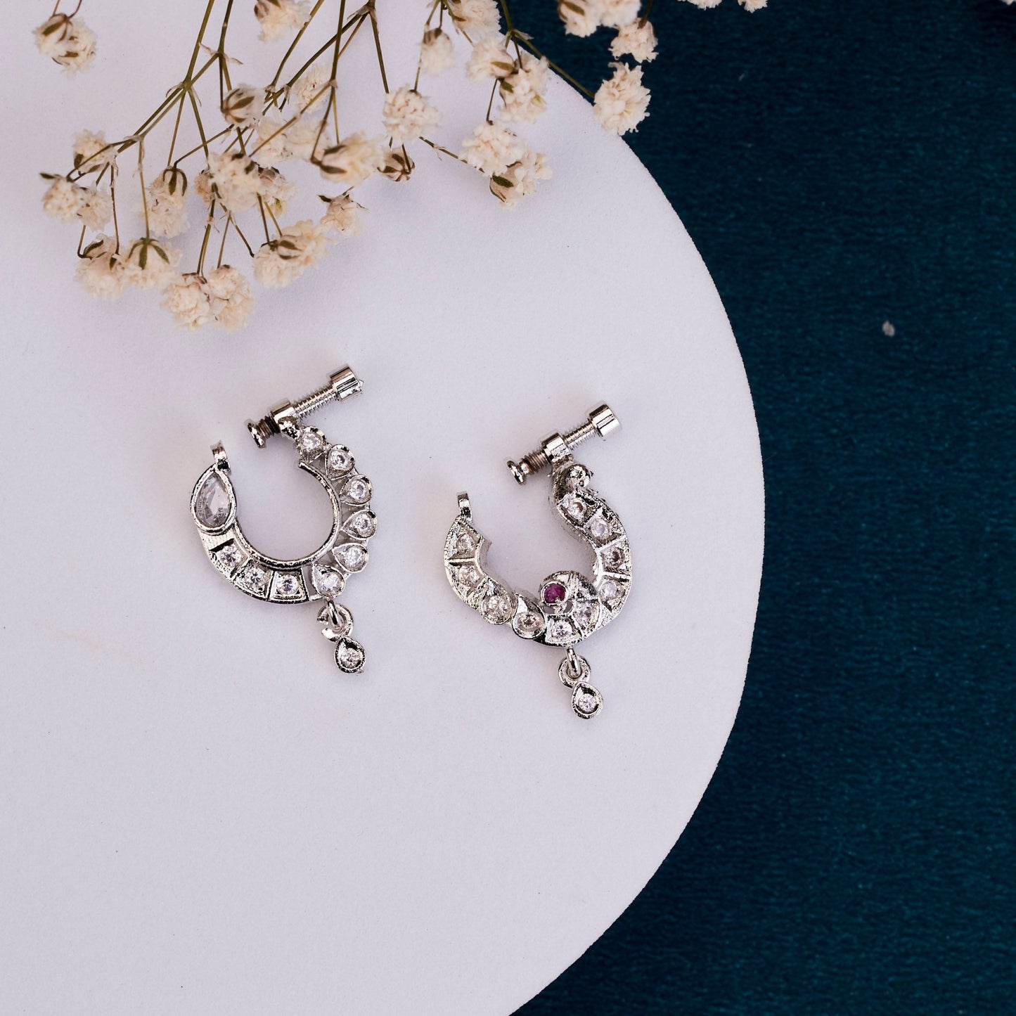 Nose Pin - Crescent Bird - Shaped Rhodium Plated Combo Nose Pin - Opal Touch