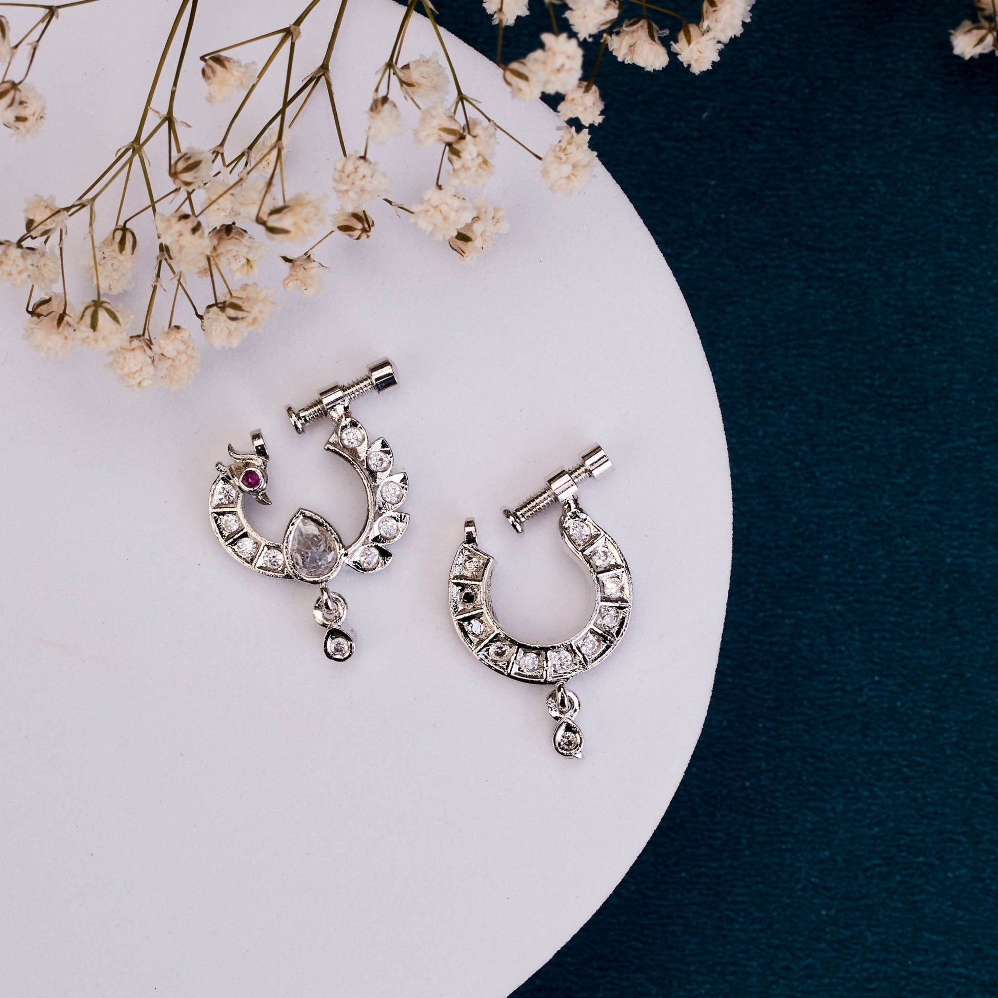 Nose Pin - Cresecent Rhodium Plated Combo Nose Pin - Opal Touch