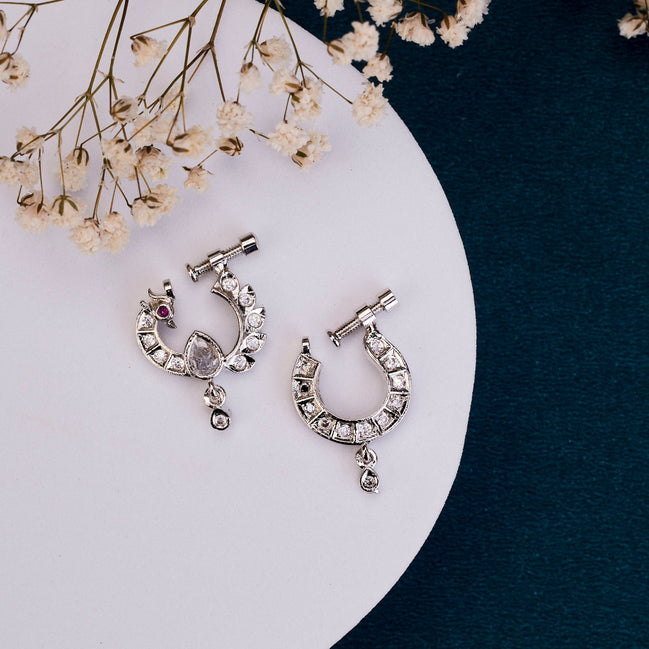 Nose Pin - Cresecent Rhodium Plated Combo Nose Pin - Opal Touch