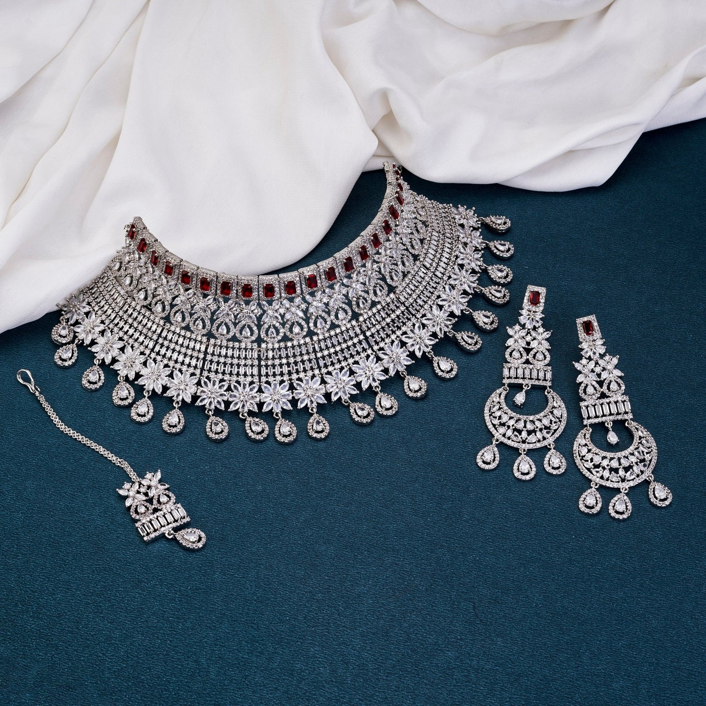 Necklace - Crimson Cascade Choker Necklace with Maang Tika - Opal Touch